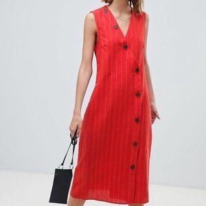 MNG by Mango Red Tilla Linen Pinstripe A-Line Midi Dress size 2
